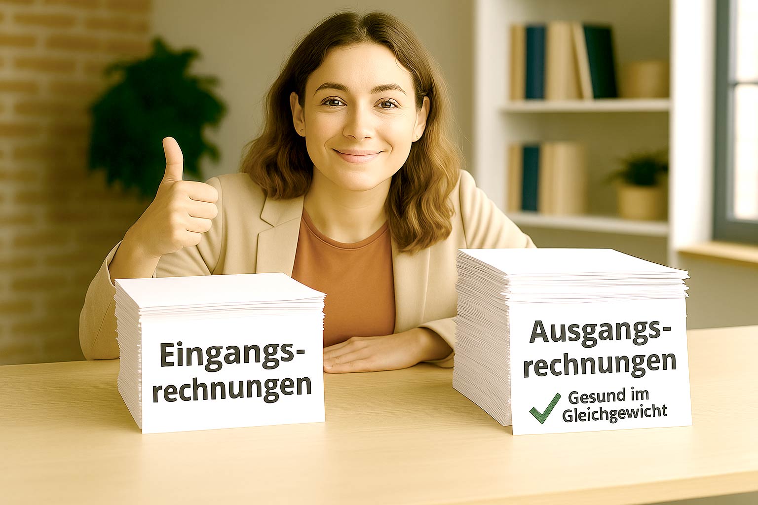 Frau sitzt an einem Tisch zwischen zwei Stapeln mit Unterlagen und zeigt den Daumen nach oben