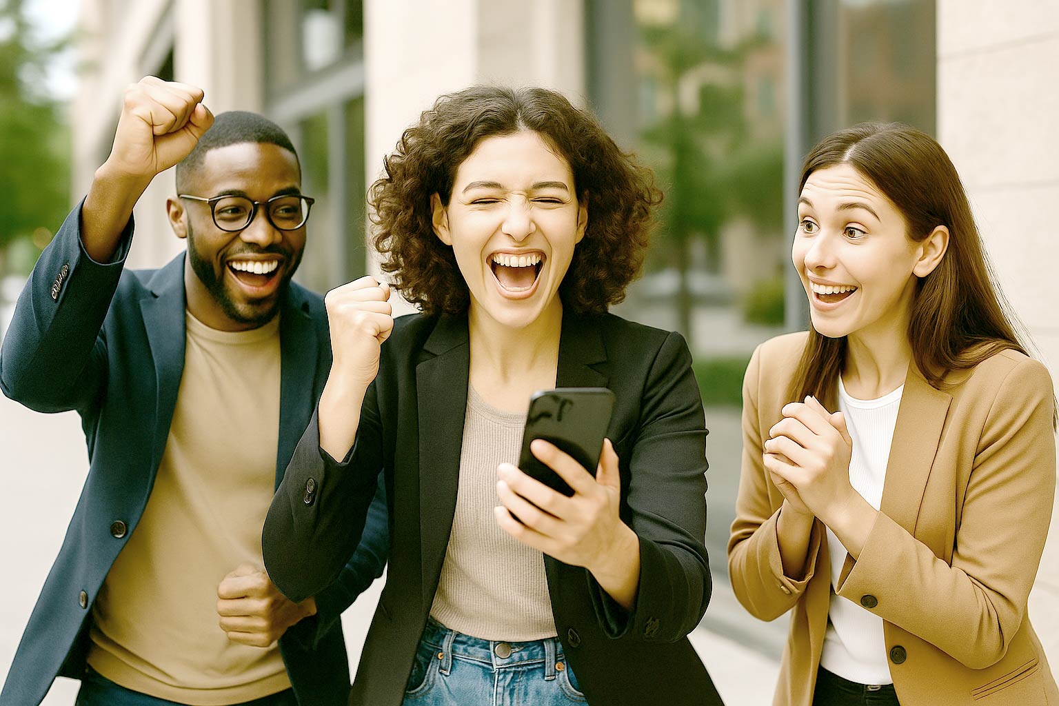 Drei Personen reagieren begeistert auf eine Nachricht auf einem Smartphone