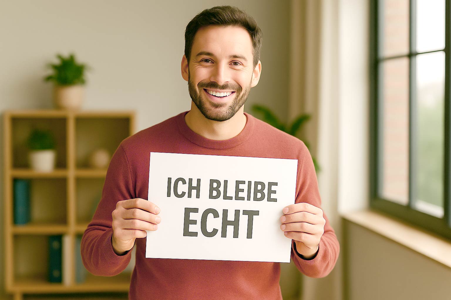 Lächelnder Mann hält Schild mit Aufschrift „Ich bleibe echt“ – Symbol für authentisches Marketing als Heilpraktiker