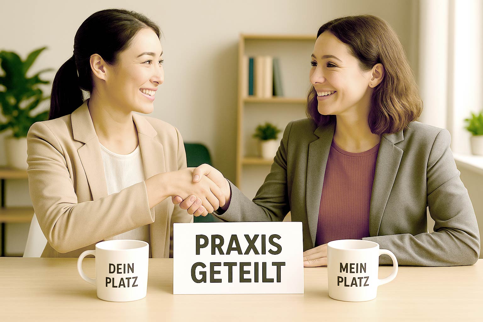 Zwei Frauen sitzen sich gegenüber, reichen sich die Hand und lächeln