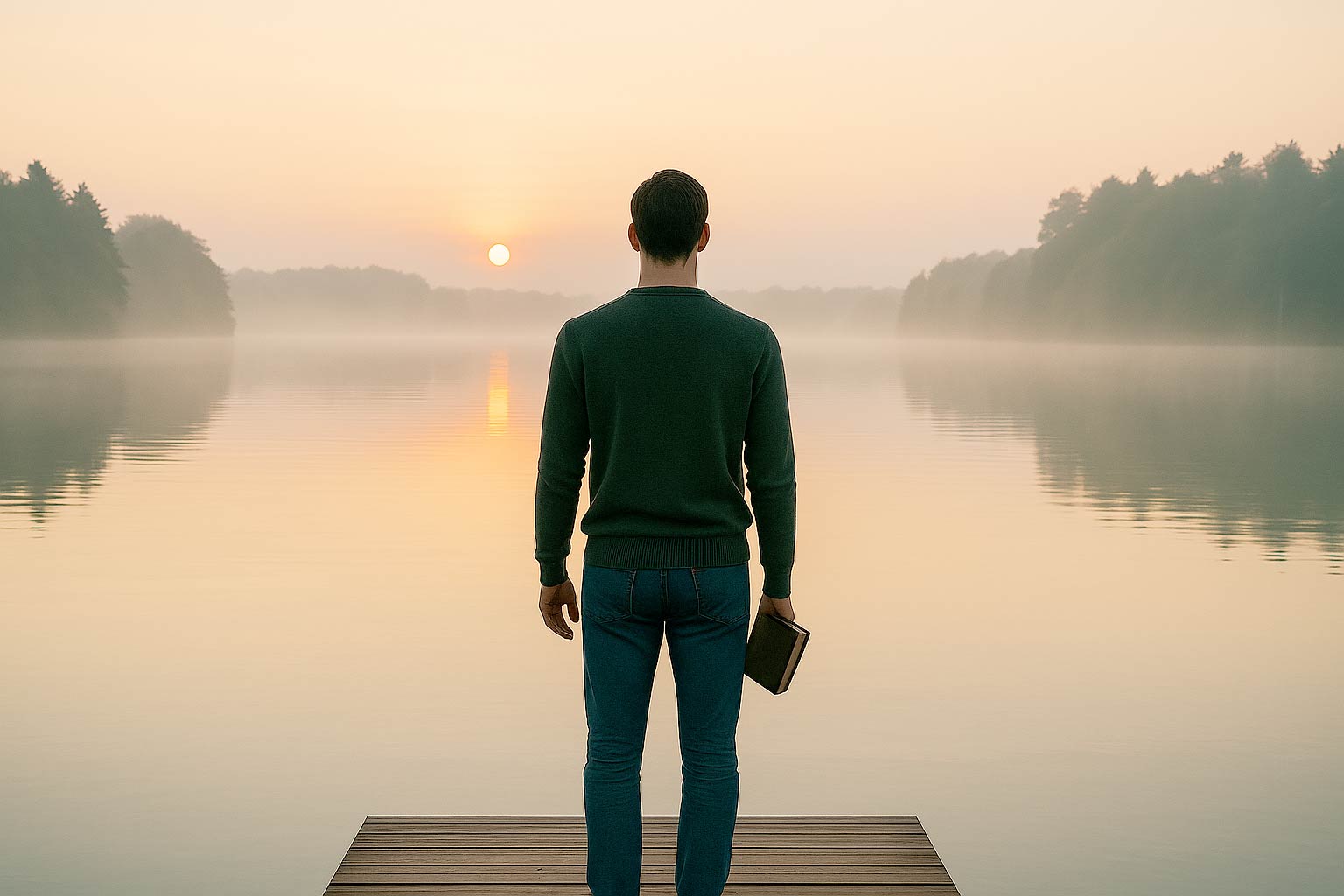 Person steht auf einem Steg am See und blickt in eine ruhige Landschaft bei Sonnenaufgang