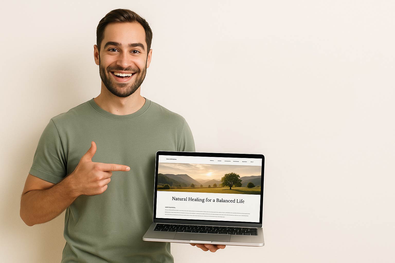 Mann hält einen Laptop mit geöffneter Website und zeigt darauf