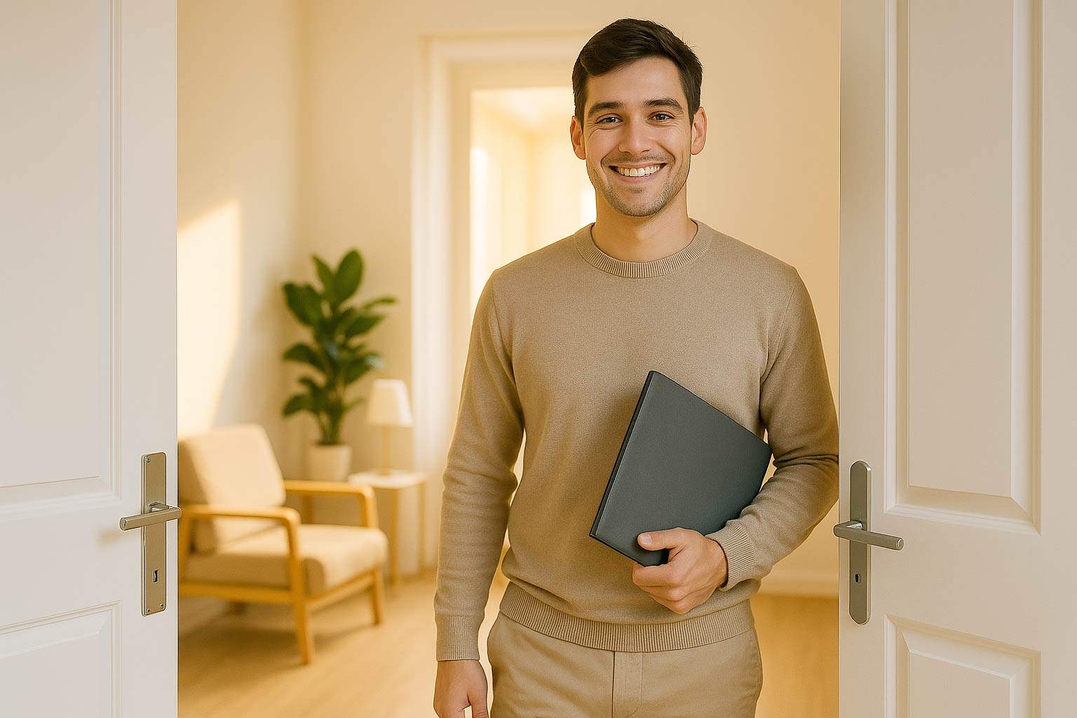 Mann steht lächelnd in Praxisräumen und hält eine Mappe in der Hand
