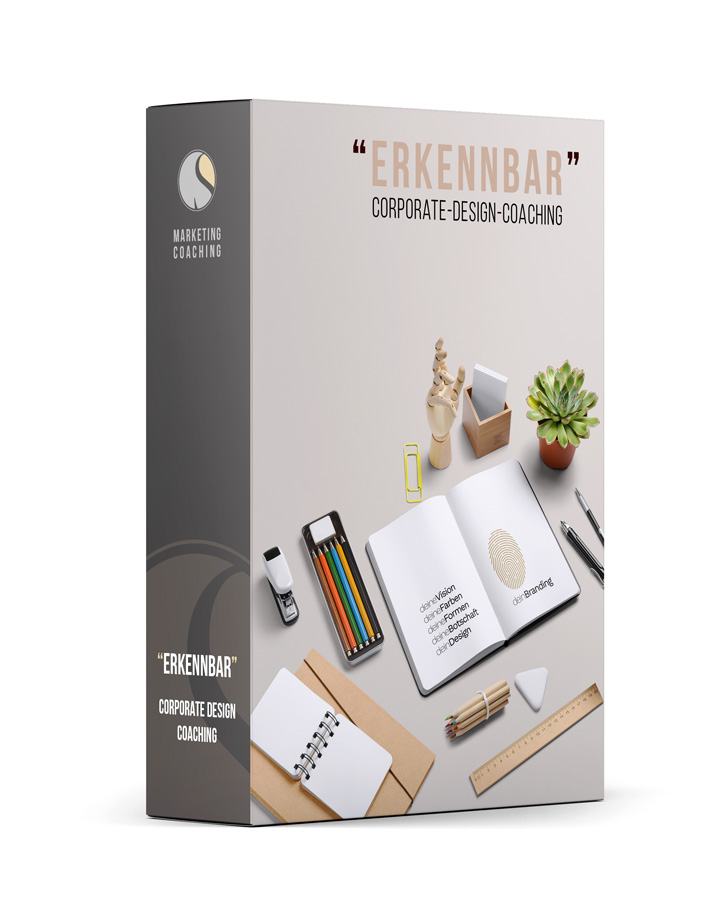 Produktbox „Erkennbar“ – Corporate-Design-Coaching für Heilpraktiker mit kreativem Arbeitsplatz