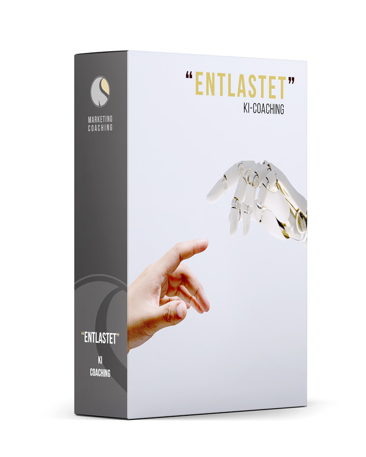 Produktbox „Entlastet“ – KI-Coaching-Angebot für Heilpraktiker mit Symbolbild Mensch und Roboterhand