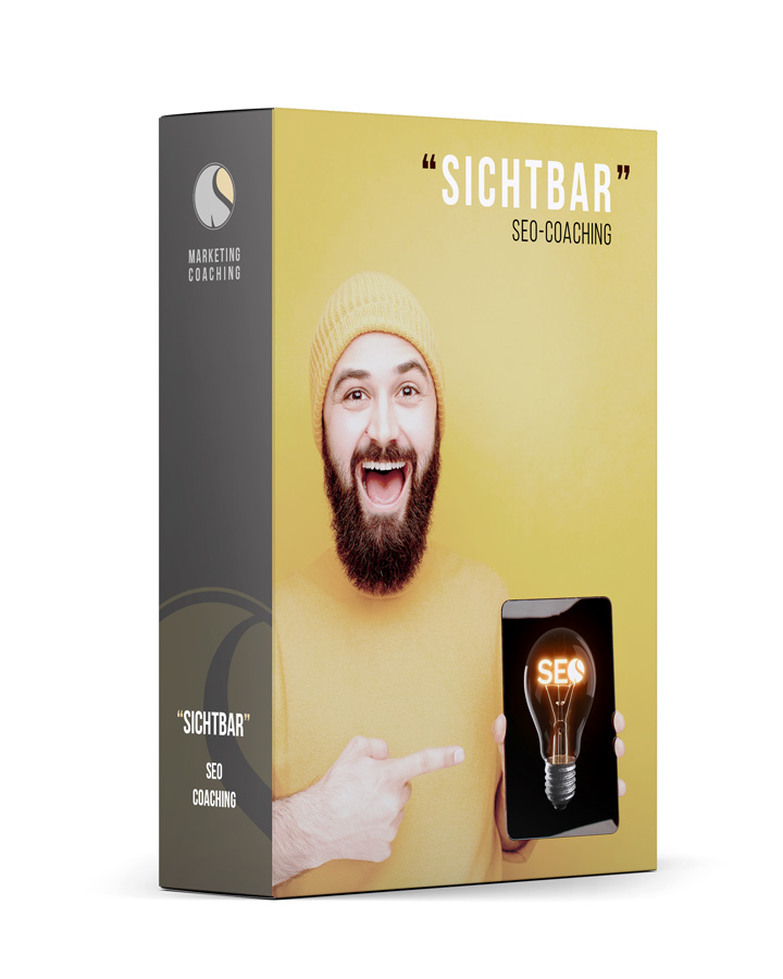 Produktbox „Sichtbar“ – SEO-Coaching für Heilpraktiker mit Glühbirnenmotiv als Symbol für Online-Sichtbarkeit