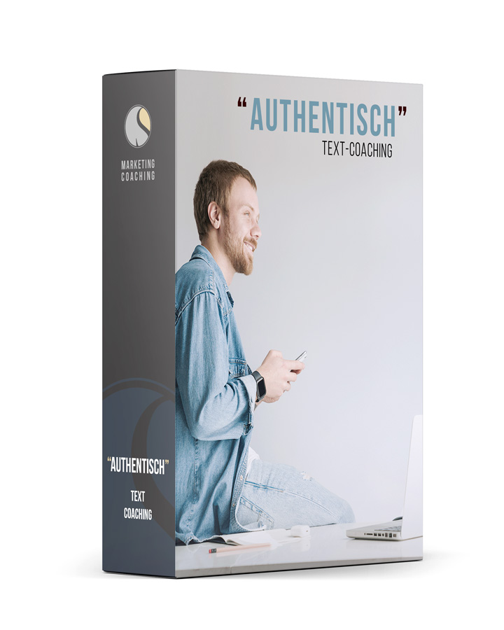 Produktbox „Authentisch“ – Text-Coaching-Angebot für Heilpraktiker mit entspannter Arbeitsszene