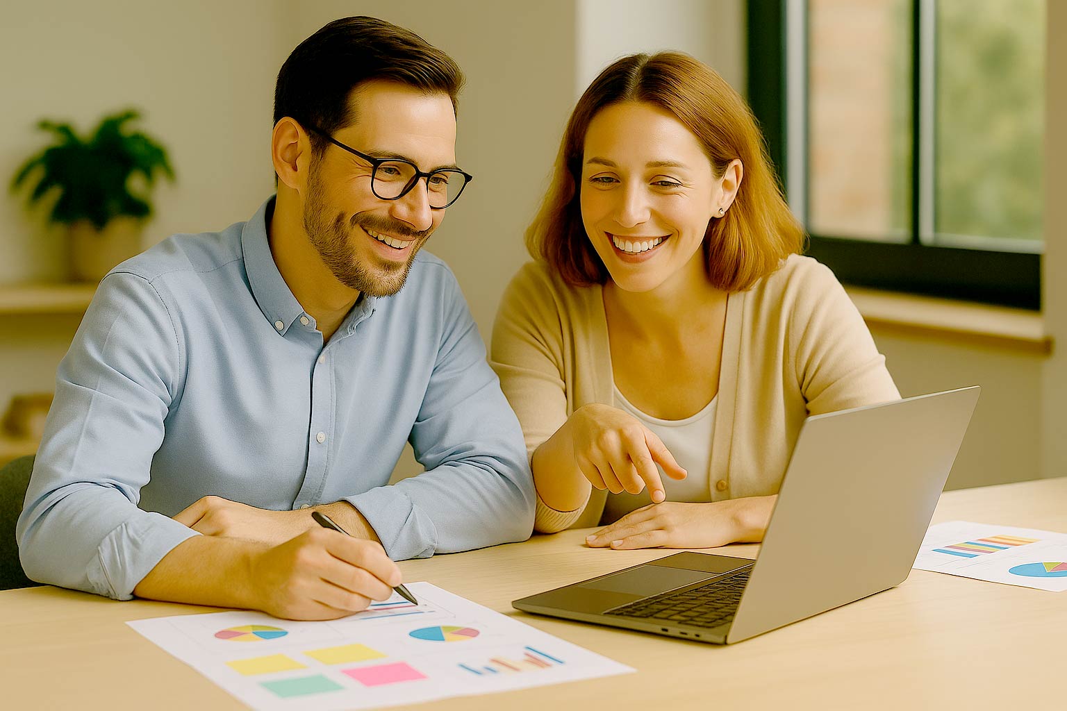Zwei Personen besprechen gemeinsam Inhalte am Laptop und analysieren Diagramme auf Papier