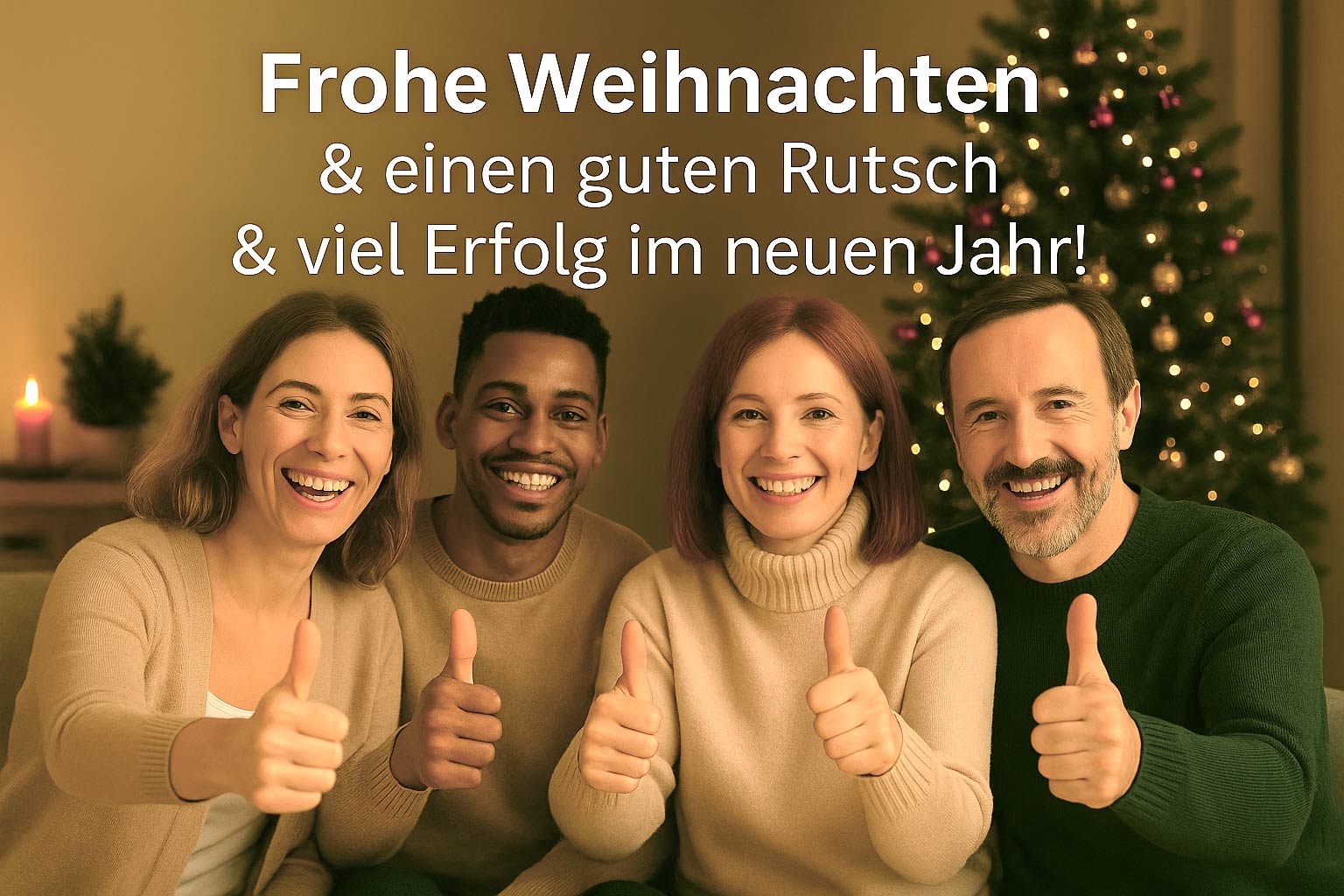 Weihnachtsgruß von HeilpraktikerCoaches – vier Personen lächeln vor Weihnachtsbaum und zeigen Daumen hoch